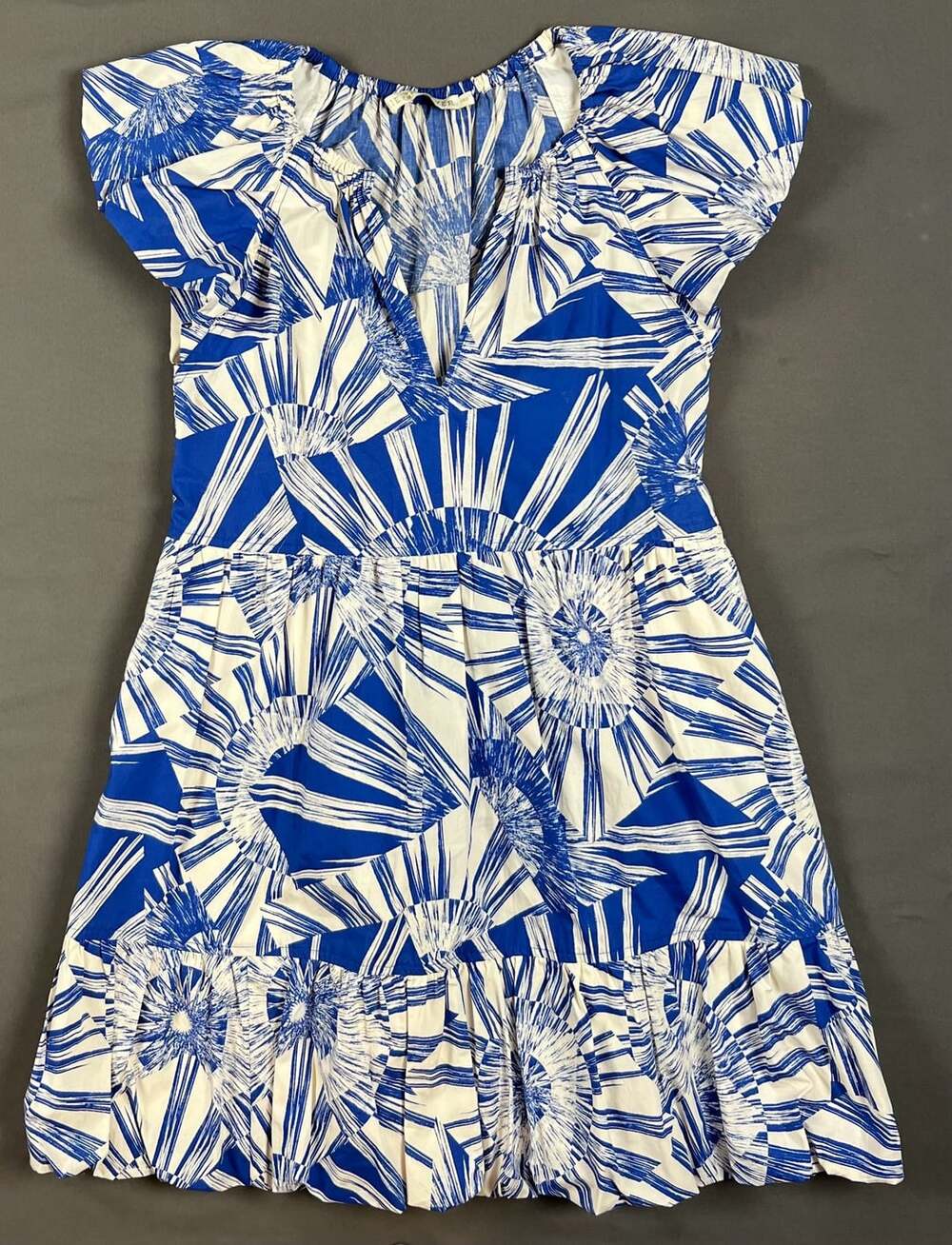 Marie Oliver Blue and White Abstract Print Cotton Ruffled Cap Sleeve Mini Dress